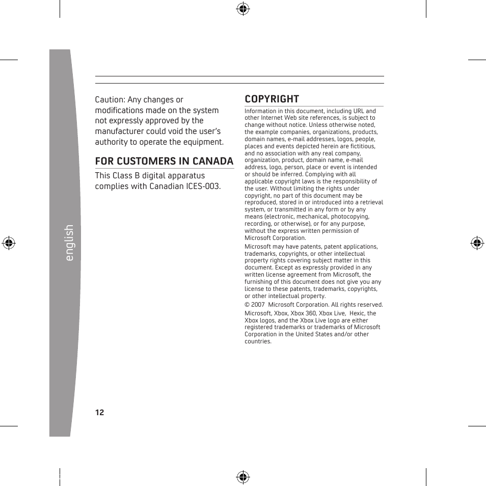 En gl is h, For customers in canada, Copyright | Microsoft 120 GB Hard Drive User Manual | Page 12 / 44