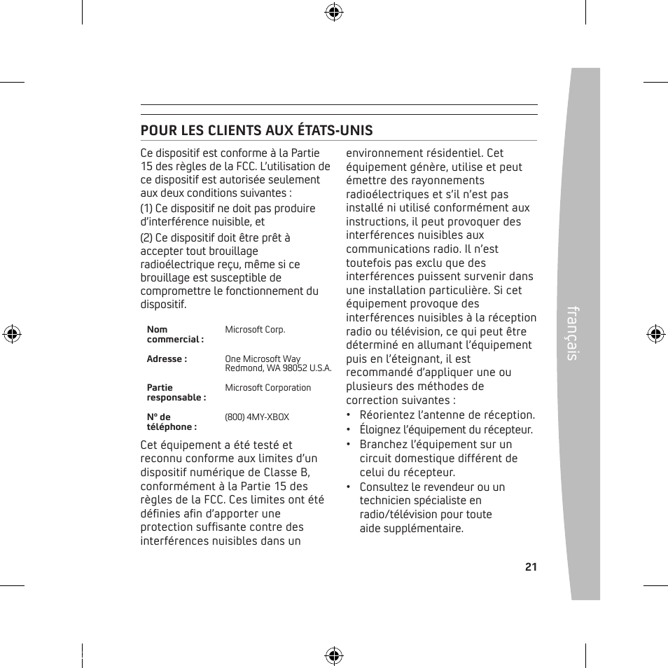 Fra nç ais, Pour les clients aux états-unis | Microsoft 120 GB Hard Drive User Manual | Page 21 / 44
