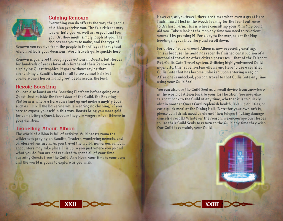 Gaining renown, Heroic boasting, Travelling about albion | Xxii xxiii | Microsoft FABLE THE LOST CHAPTERS X11-35541 User Manual | Page 13 / 18