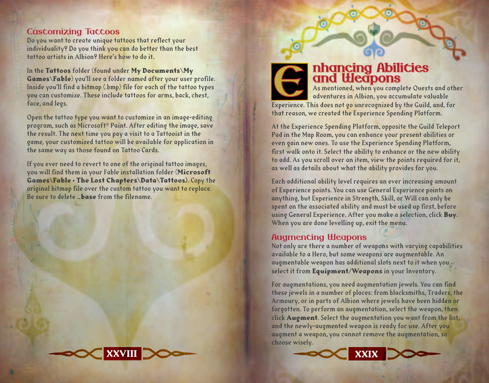 Nhancing abilities and weapons, Augmenting weapons, Customizing tattoos | Microsoft FABLE THE LOST CHAPTERS X11-35541 User Manual | Page 16 / 18