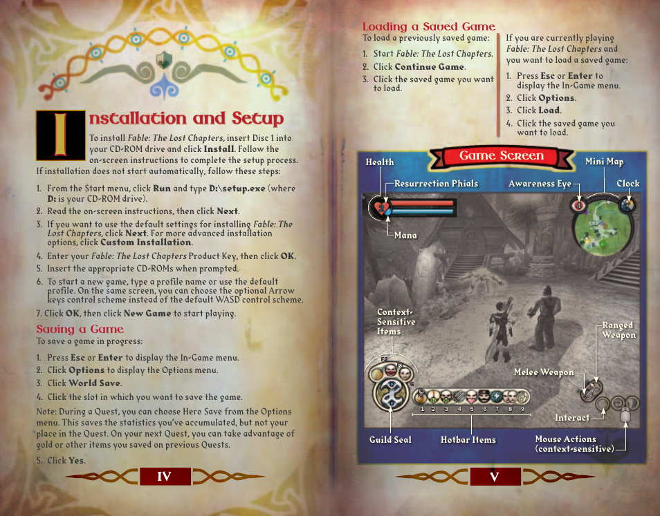 Nstallation and setup, Game screen, Saving a game | Loading a saved game, Iv v | Microsoft FABLE THE LOST CHAPTERS X11-35541 User Manual | Page 4 / 18