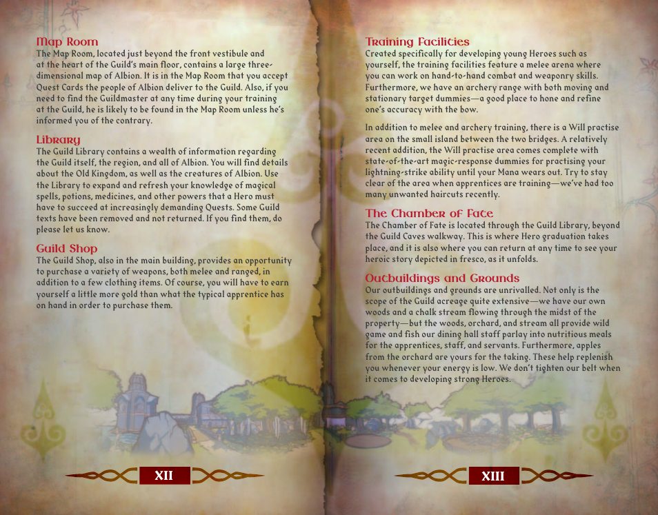 Map room, Library, Guild shop | Training facilities, The chamber of fate, Outbuildings and grounds, Xii xiii | Microsoft FABLE THE LOST CHAPTERS X11-35541 User Manual | Page 8 / 18
