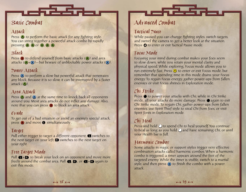 Basic combat, Advanced combat, Attack | Block, Power attack, Area attack, Evade, Target, Free target mode, Tactical pause | Microsoft X10-99979 User Manual | Page 11 / 18