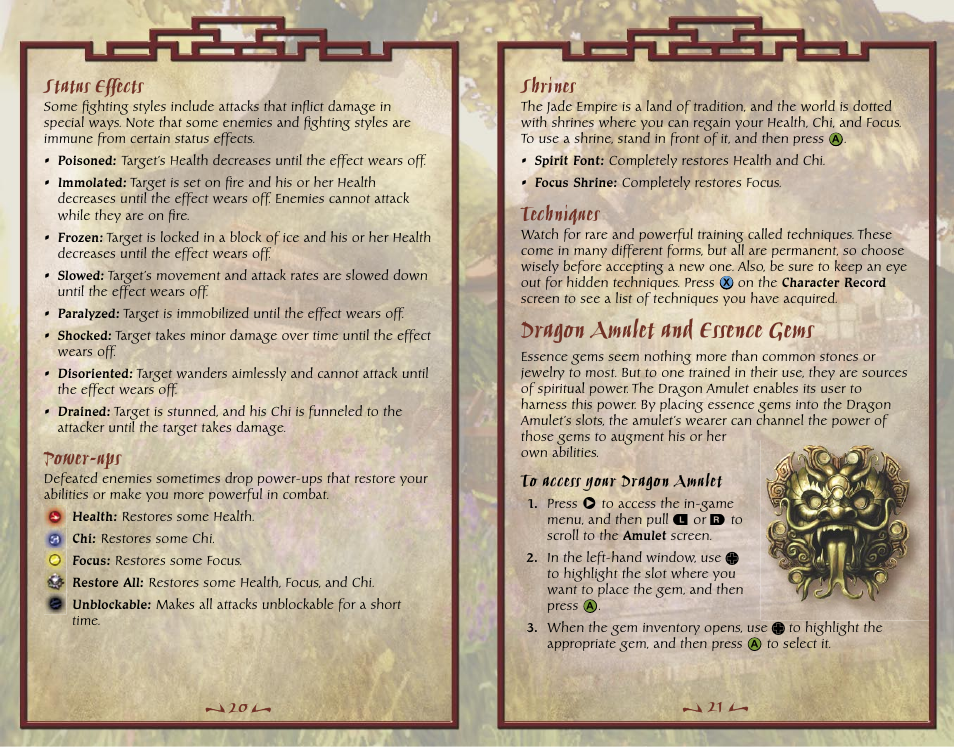 Dragon amulet and essence gems, Status effects, Power-ups | Shrines, Techniques | Microsoft X10-99979 User Manual | Page 12 / 18