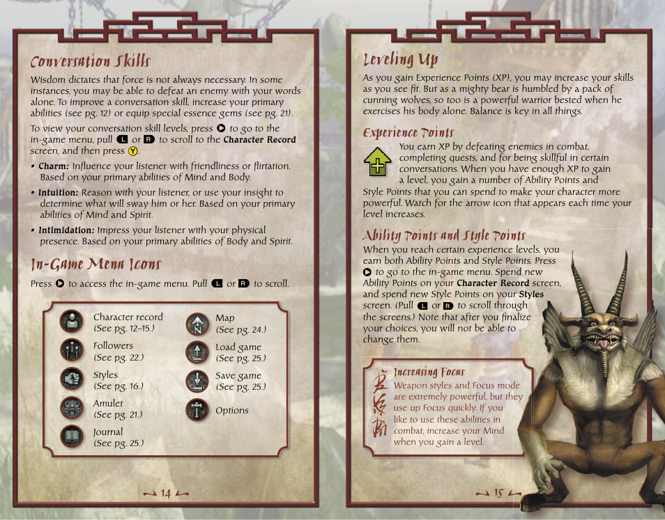 Conversation skills, In-game menu icons, Leveling up | Experience points, Ability points and style points | Microsoft X10-99979 User Manual | Page 9 / 18