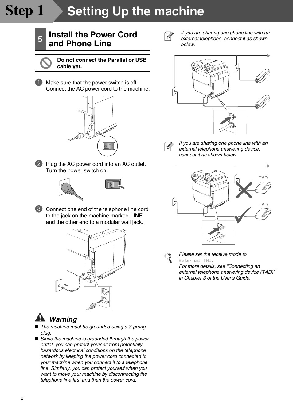 5 install the power cord and phone line, Install the power cord and phone line, Step 1 | Setting up the machine, 5install the power cord and phone line | Microsoft SPC210SF User Manual | Page 10 / 30