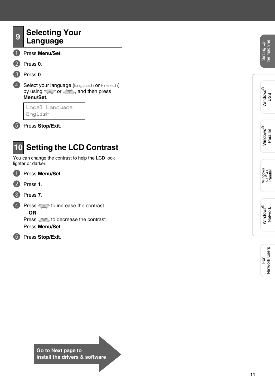 9 selecting your language, 10 setting the lcd contrast, Selecting your language | Setting the lcd contrast, 9selecting your language, Local language english | Microsoft SPC210SF User Manual | Page 13 / 30