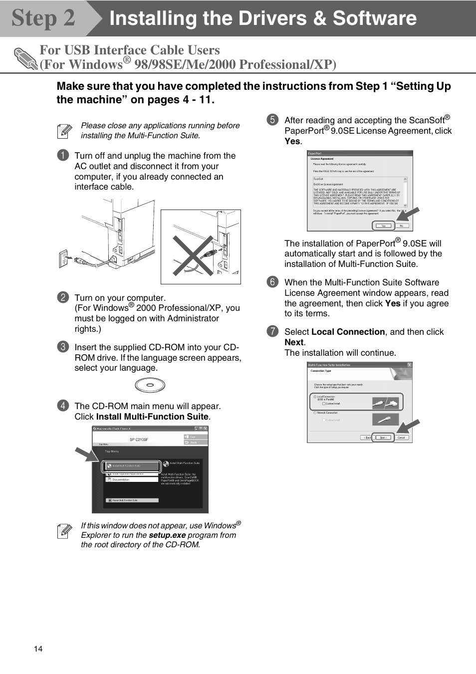 For usb interface cable users, For windows, 98/98se/me/2000 professional/xp) | Step 2, Installing the drivers & software, For usb interface cable users (for windows | Microsoft SPC210SF User Manual | Page 16 / 30