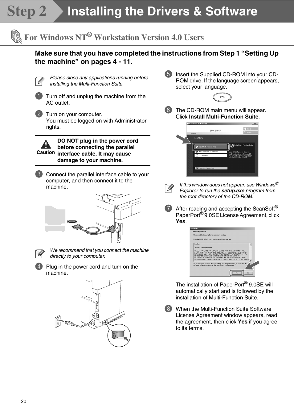 For windows nt® workstation version 4.0 users, For windows nt, Workstation version 4.0 users | Windows nt, For parallel interface cable users), Step 2, Installing the drivers & software | Microsoft SPC210SF User Manual | Page 22 / 30