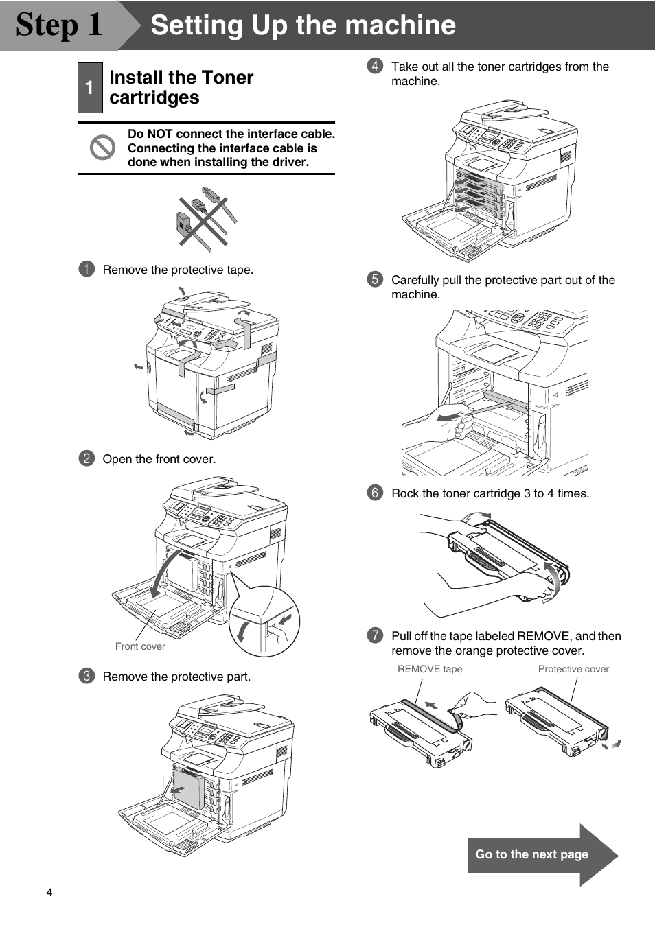 Step1 setting up the machine, 1 install the toner cartridges, Setting up the machine | Install the toner cartridges, Step 1, 1install the toner cartridges | Microsoft SPC210SF User Manual | Page 6 / 30