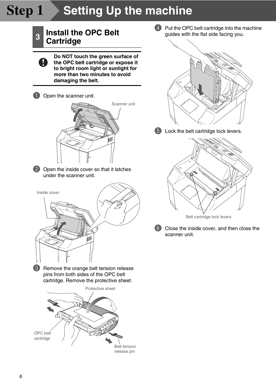 3 install the opc belt cartridge, Install the opc belt cartridge, Step 1 | Setting up the machine, 3install the opc belt cartridge | Microsoft SPC210SF User Manual | Page 8 / 30