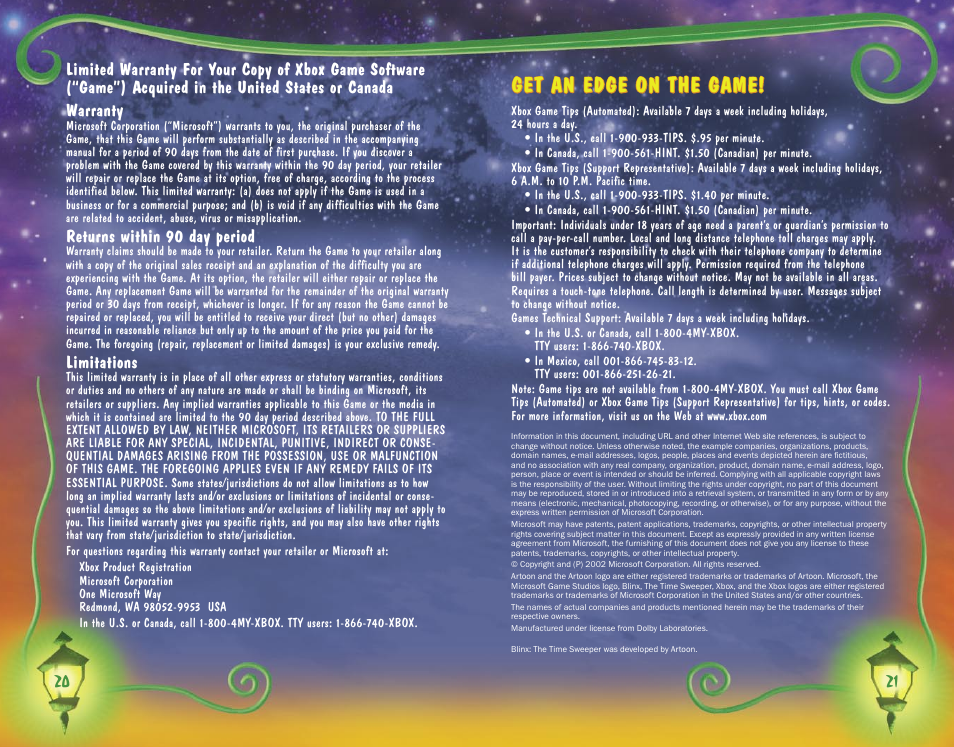 Get an edge on the game, Warranty, Returns within 90 day period | Limitations | Microsoft Blinx The Time Sweeper for Xbox User Manual | Page 12 / 12