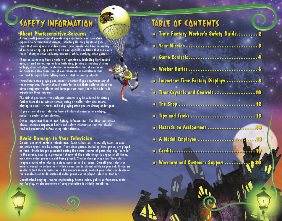 About photosensitive seizures, Time factory worker’s safety guide, Avoid damage to your television | Microsoft Blinx The Time Sweeper for Xbox User Manual | Page 2 / 12