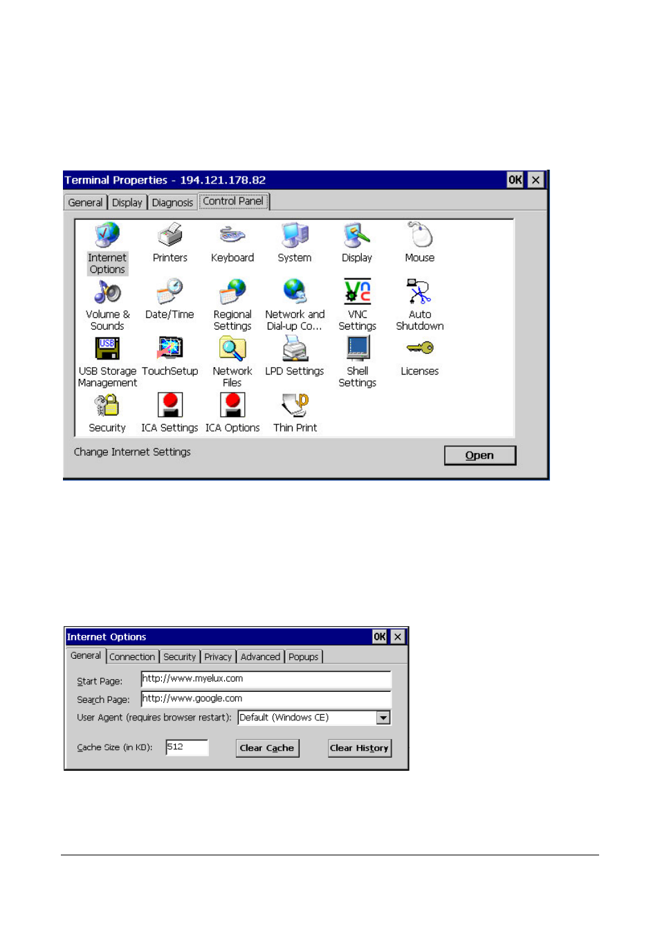 4 control panel, 1 internet options, Control panel | Internet options, Figure 13: terminal properties– control panel | Microsoft Windows CE A2xx User Manual | Page 15 / 43