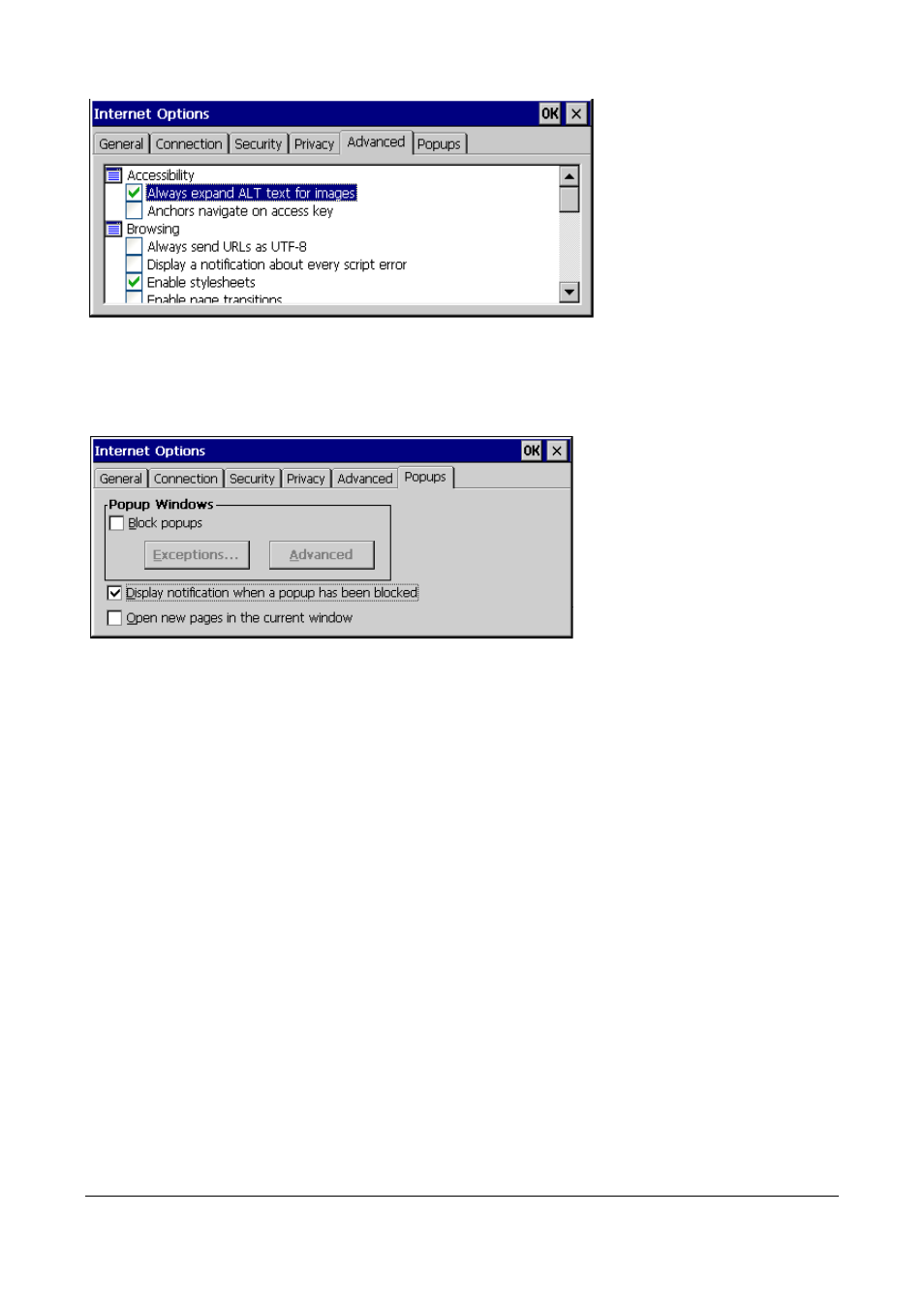 Figure 18: internet options – advanced, Figure 19: internet options – popups | Microsoft Windows CE A2xx User Manual | Page 17 / 43