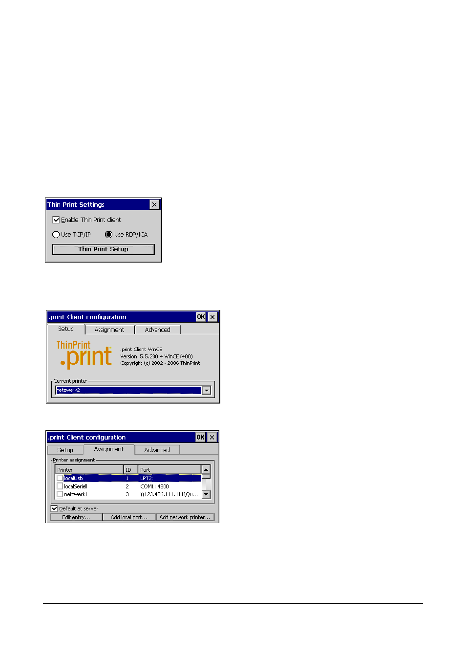3 thinprint settings, Thinprint settings, Figure 23: thinprint client ce – setup | Figure 24: thinprint client ce - assignment | Microsoft Windows CE A2xx User Manual | Page 20 / 43