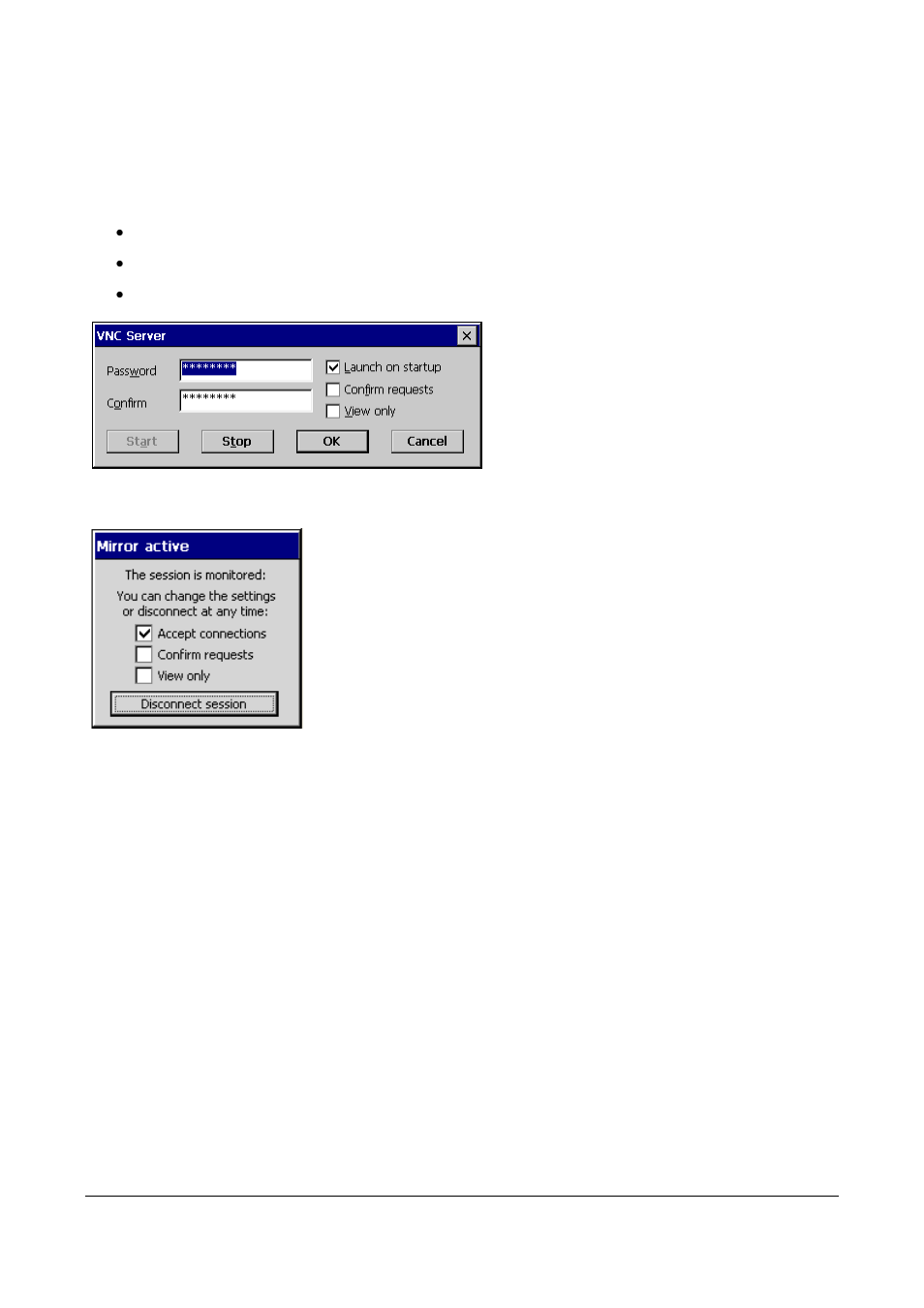 11 vnc settings, 12 auto shutdown, 13 usb storage management | 14 touch setup, Vnc settings, Auto shutdown, Usb storage management, Touch setup, Figure 32: vnc settings, Figure 33: vnc settings – query on connection | Microsoft Windows CE A2xx User Manual | Page 26 / 43