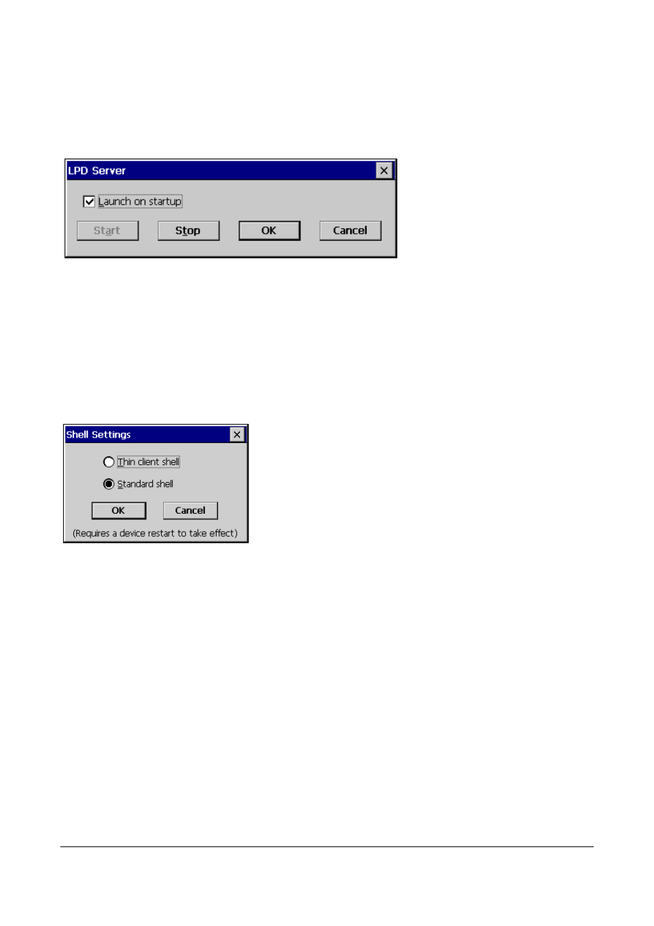 19 lpd settings, Shell settings, Lpd settings | Figure 44:lpd server settings, Figure 45:shell settings, 20 shell settings | Microsoft Windows CE A2xx User Manual | Page 32 / 43