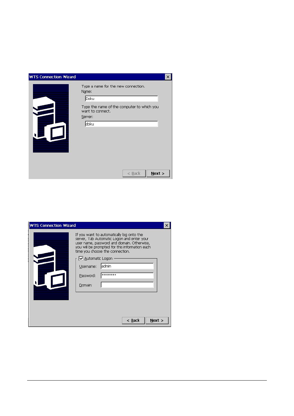 1 wts connection wizard, Wts connection wizard, Figure 50 wts connection wizard – step 1 | Figure 51 wts connection wizard – step 2 | Microsoft Windows CE A2xx User Manual | Page 36 / 43