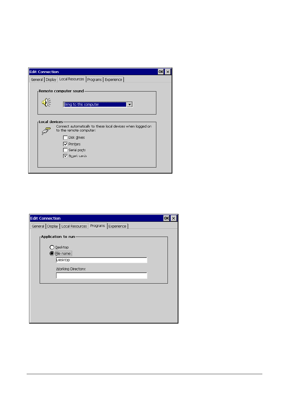 Figure 57 edit connection – local resources tab, Figure 58 edit connection – programs tab | Microsoft Windows CE A2xx User Manual | Page 40 / 43