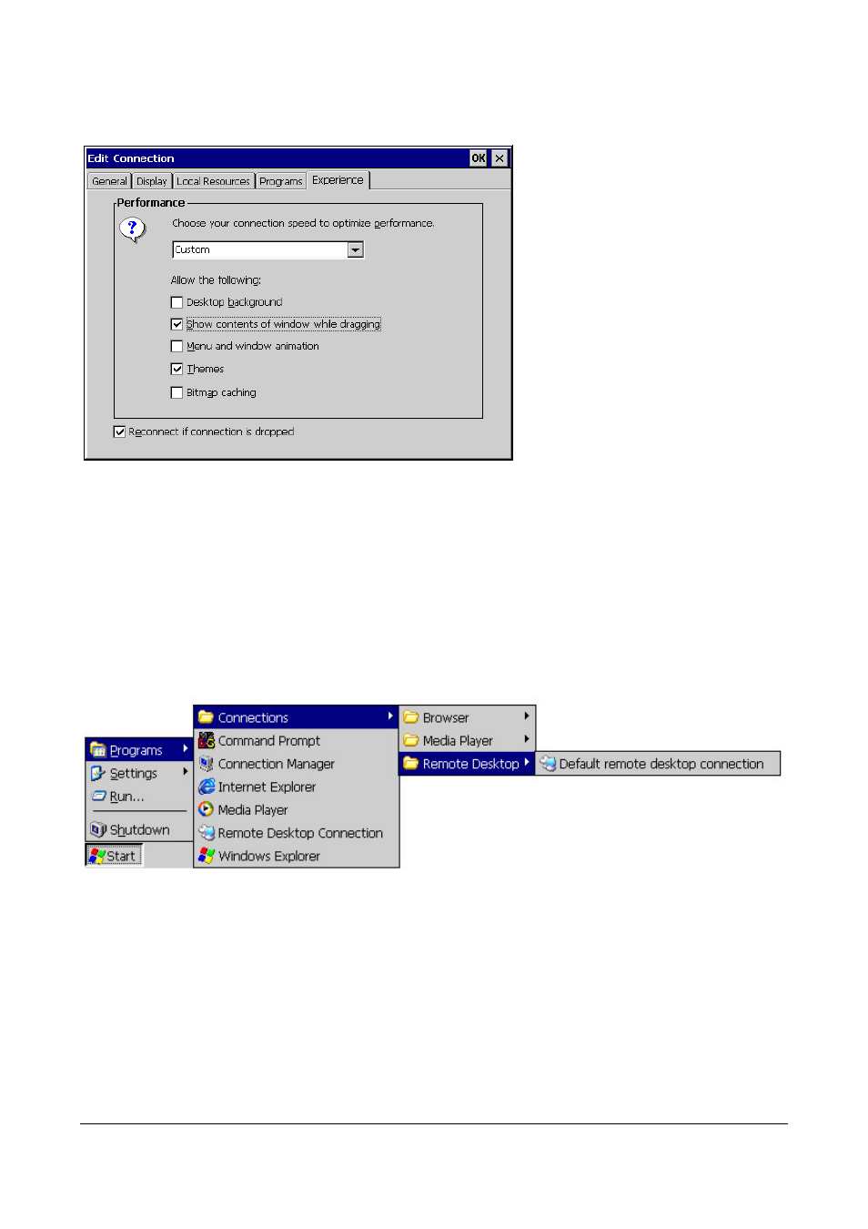 6 standard shell, Standard shell, Figure 59 edit connection – experience tab | Figure 60 programs – connections | Microsoft Windows CE A2xx User Manual | Page 41 / 43