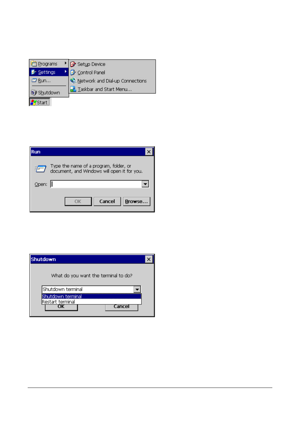 Figure 61 settings, Figure 62 run, Figure 63 shutdown | Microsoft Windows CE A2xx User Manual | Page 42 / 43
