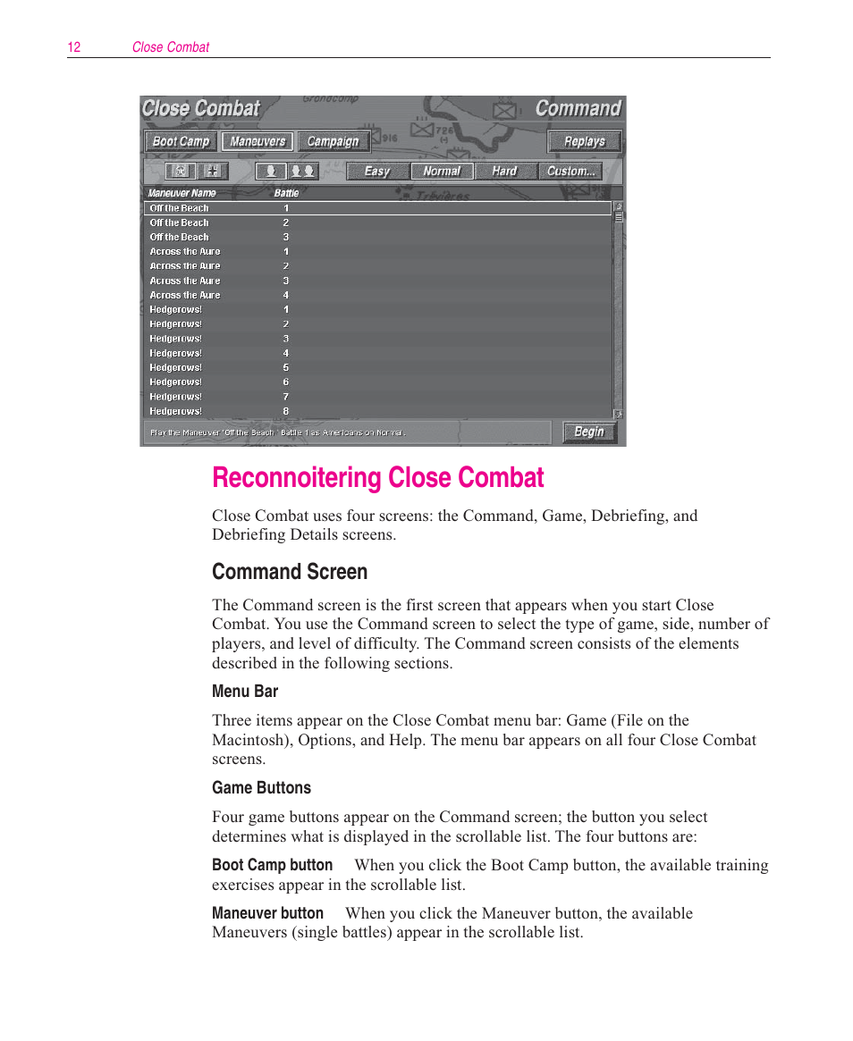 Reconnoitering close combat, Command screen | Microsoft Close Combat User Manual | Page 13 / 163