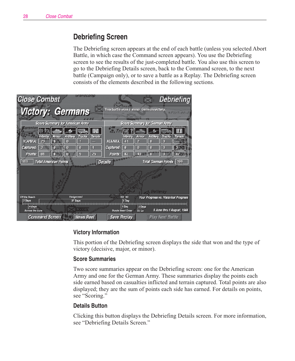 Debriefing screen | Microsoft Close Combat User Manual | Page 29 / 163
