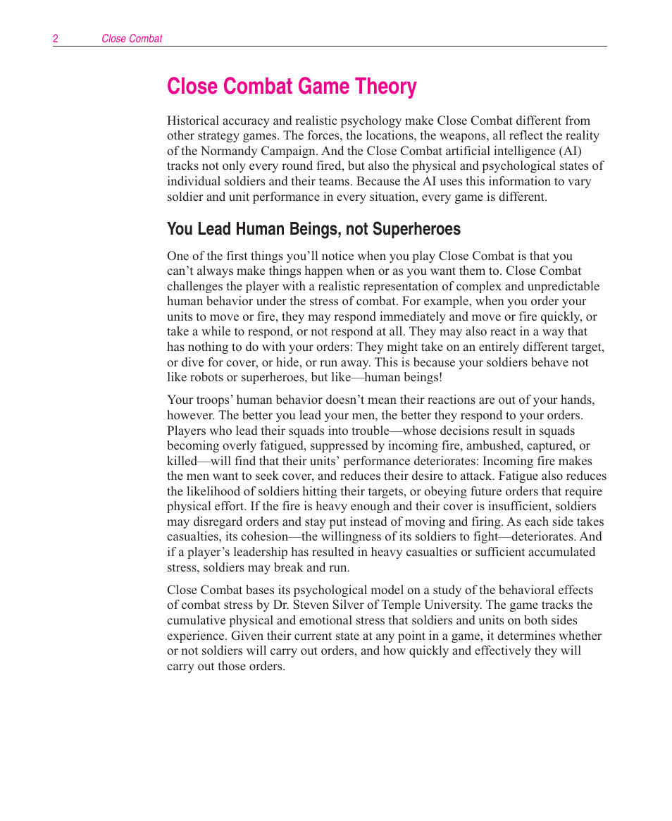 Close combat game theory, You lead human beings, not superheroes | Microsoft Close Combat User Manual | Page 3 / 163