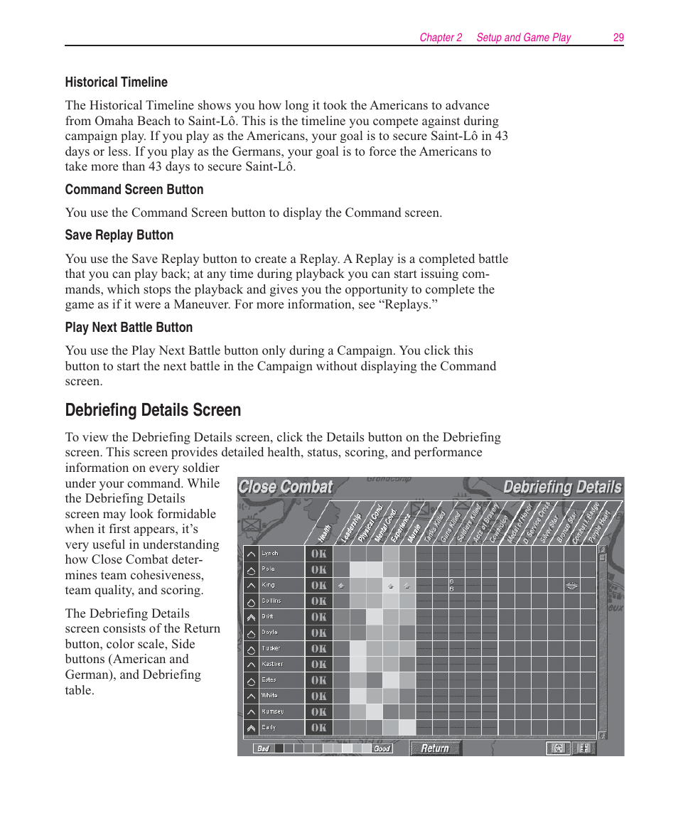 Debriefing details screen | Microsoft Close Combat User Manual | Page 30 / 163