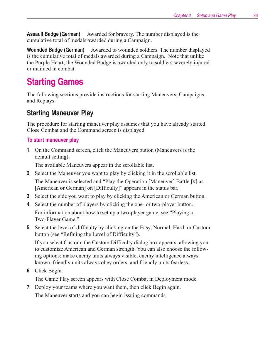 Starting games, Starting maneuver play | Microsoft Close Combat User Manual | Page 34 / 163