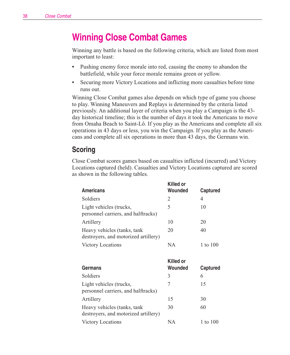 Winning close combat games, Scoring | Microsoft Close Combat User Manual | Page 39 / 163