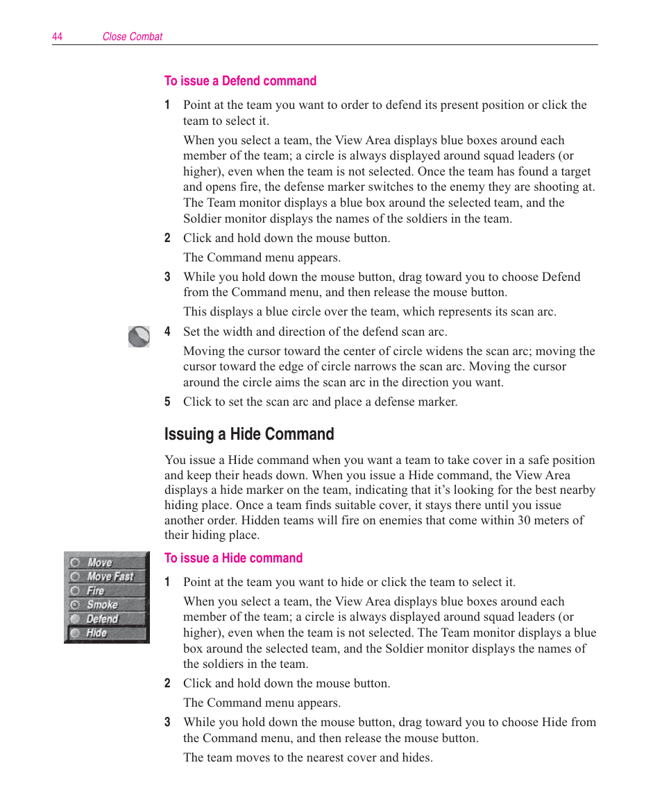Issuing a hide command | Microsoft Close Combat User Manual | Page 45 / 163