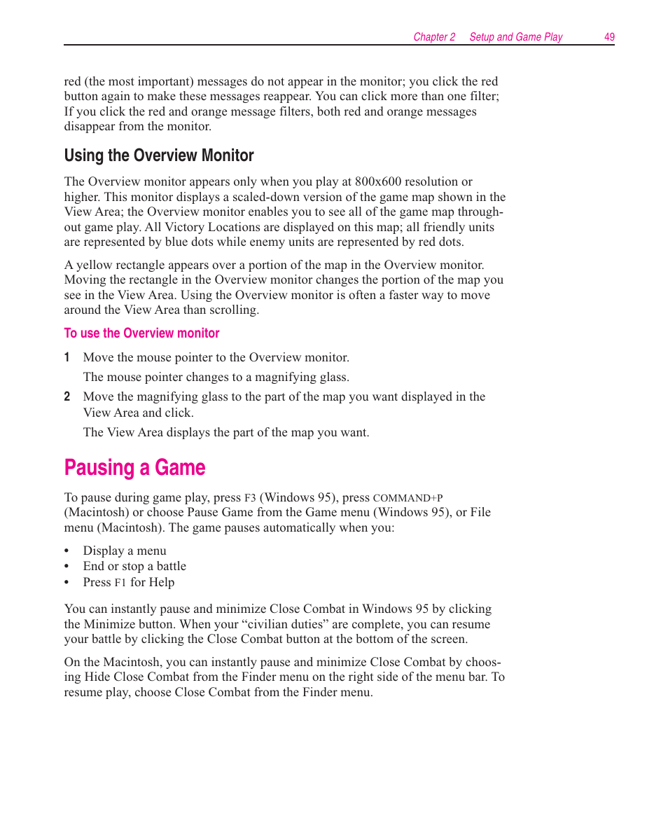 Pausing a game, Using the overview monitor | Microsoft Close Combat User Manual | Page 50 / 163