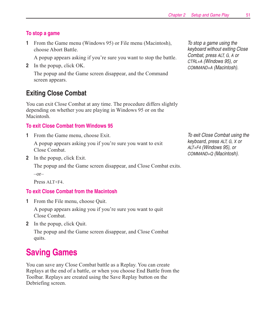 Saving games, Exiting close combat | Microsoft Close Combat User Manual | Page 52 / 163