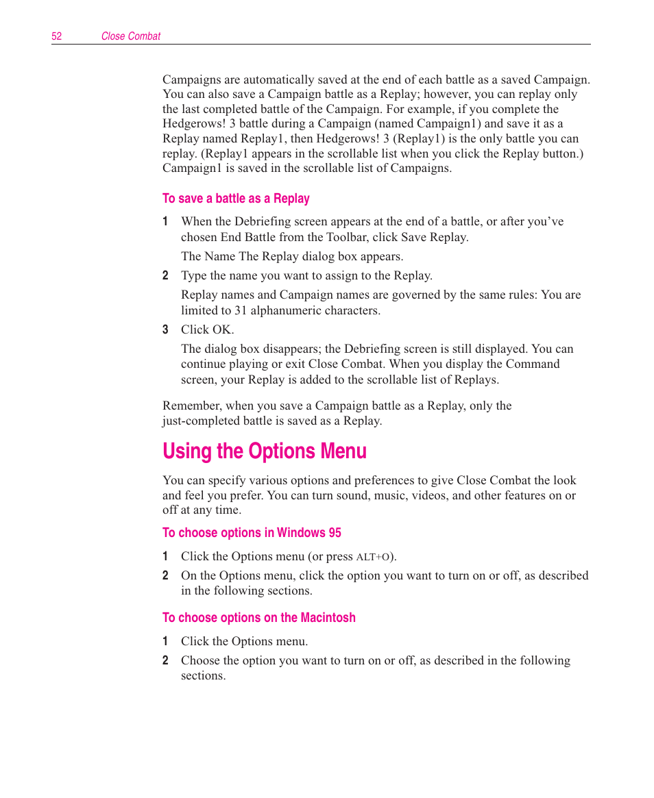 Using the options menu | Microsoft Close Combat User Manual | Page 53 / 163