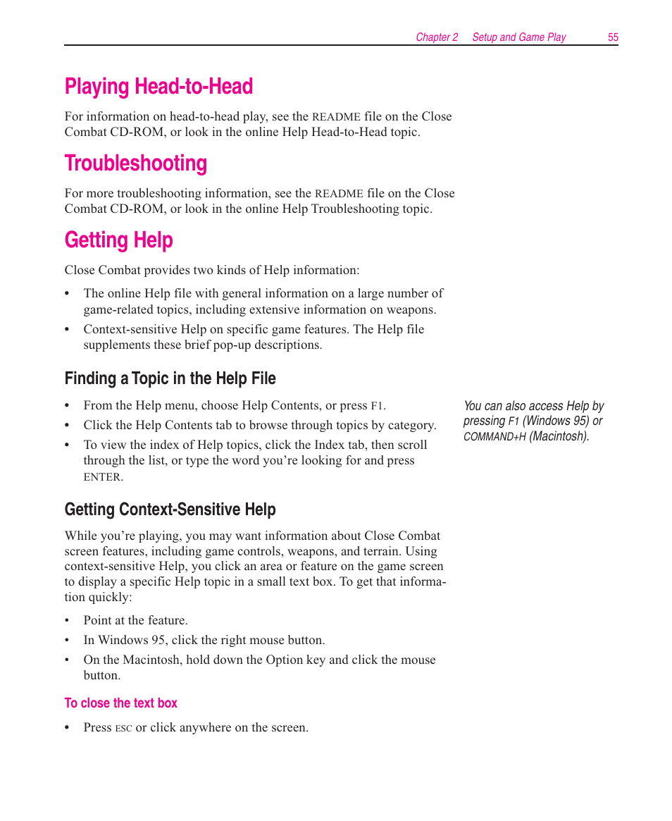 Playing head-to-head, Troubleshooting, Getting help | Finding a topic in the help file, Getting context-sensitive help | Microsoft Close Combat User Manual | Page 56 / 163