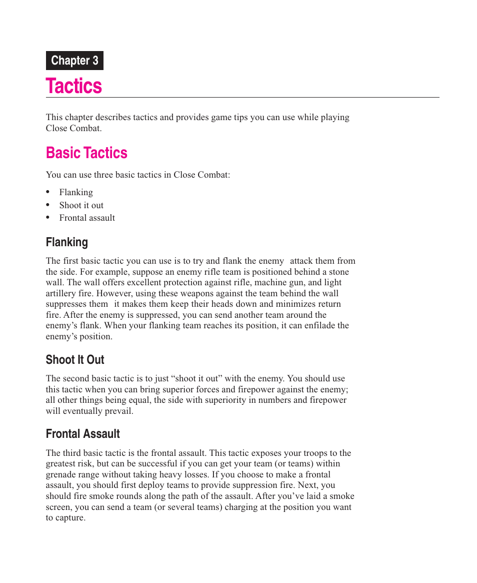 Tactics, Basic tactics, Chapter 3 | Flanking, Shoot it out, Frontal assault | Microsoft Close Combat User Manual | Page 58 / 163