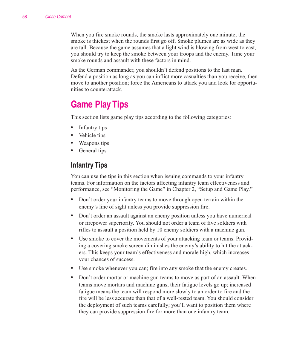 Game play tips, Infantry tips | Microsoft Close Combat User Manual | Page 59 / 163