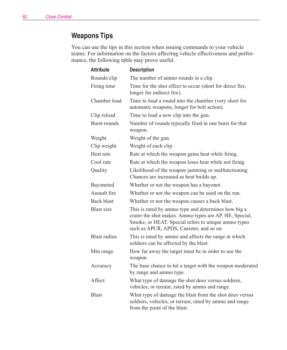 Weapons tips | Microsoft Close Combat User Manual | Page 63 / 163