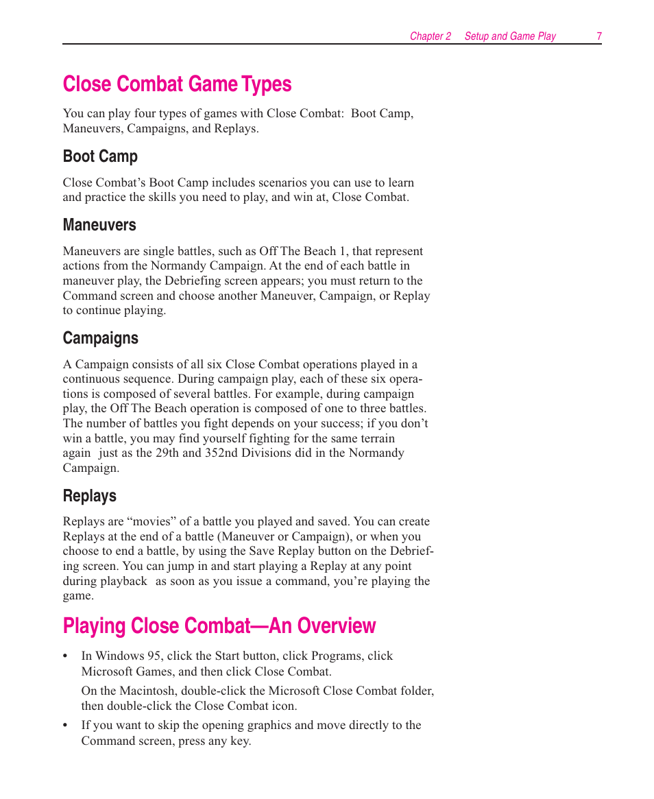Close combat game types, Playing close combat—an overview, Boot camp | Maneuvers, Campaigns, Replays | Microsoft Close Combat User Manual | Page 8 / 163