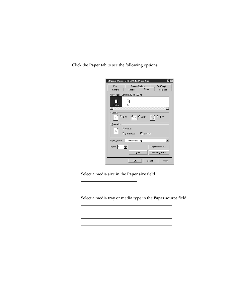 Paper, Click the paper tab to see the following options, Select a media size in the paper size field | Microsoft PHASER 340 User Manual | Page 10 / 15