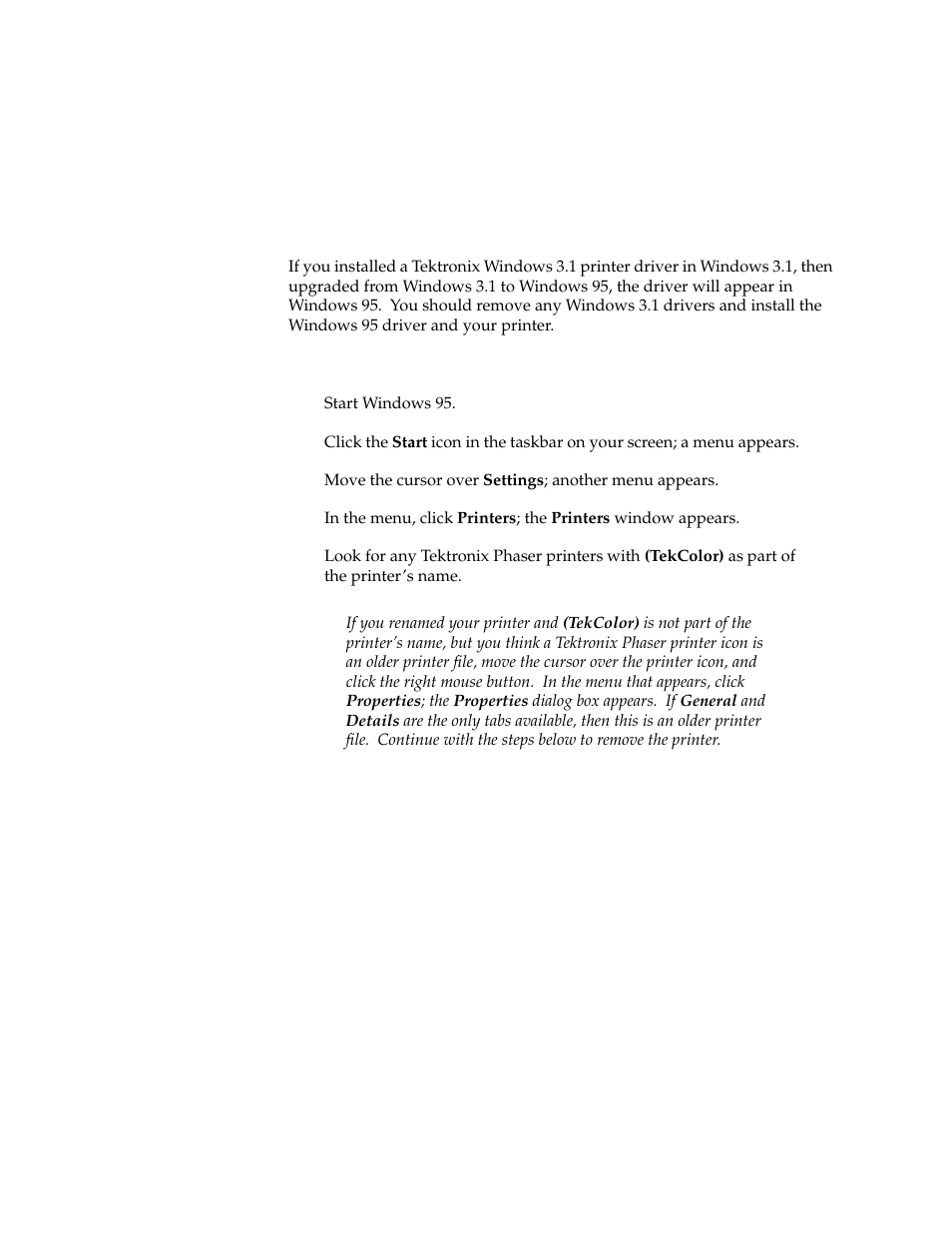 Removing a windows 3.1 driver in windows95, Removing printers and older drivers, Removing a windows 3.1 driver in windows 95 | Microsoft PHASER 340 User Manual | Page 2 / 15