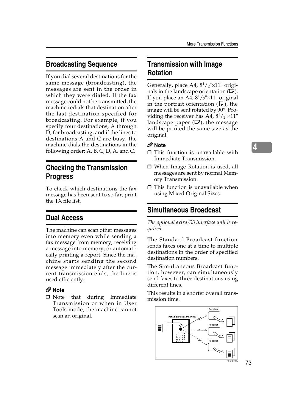 Broadcasting sequence, Checking the transmission progress, Dual access | Transmission with image rotation, Simultaneous broadcast | Microsoft 2045 User Manual | Page 85 / 106