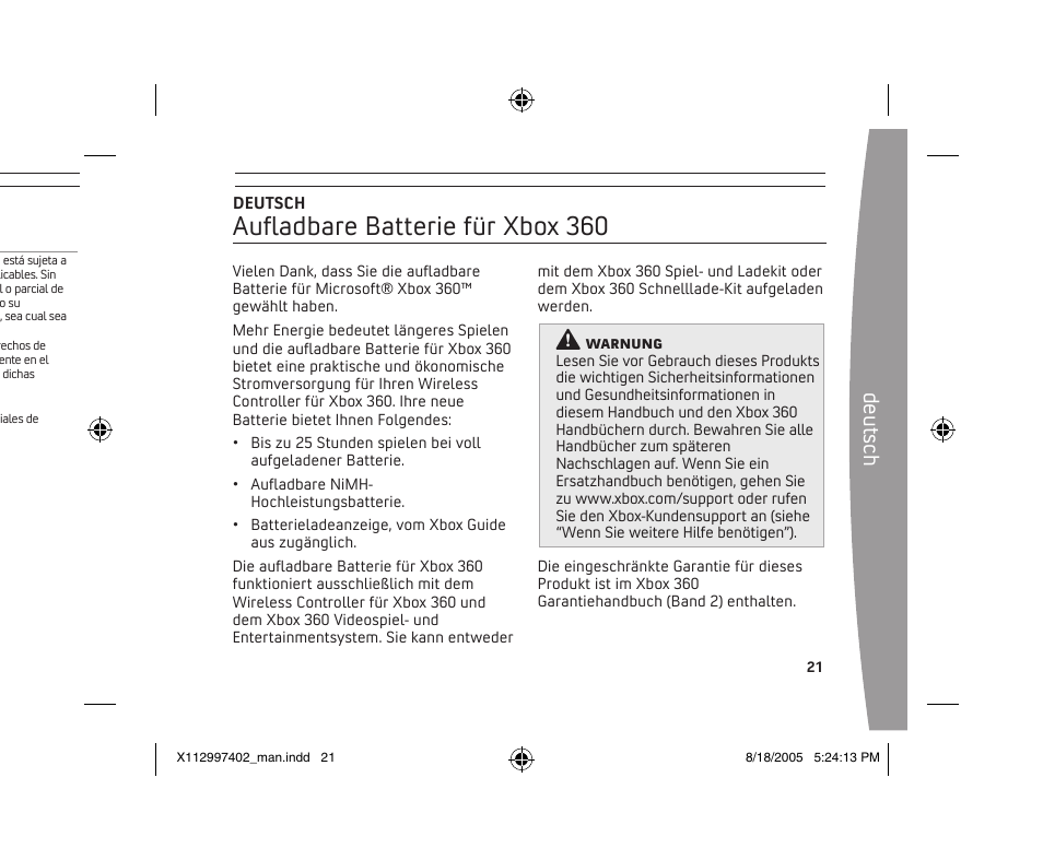 Auﬂadbare batterie für xbox 360, De ut sc h | Microsoft X11-29974-02 User Manual | Page 21 / 76