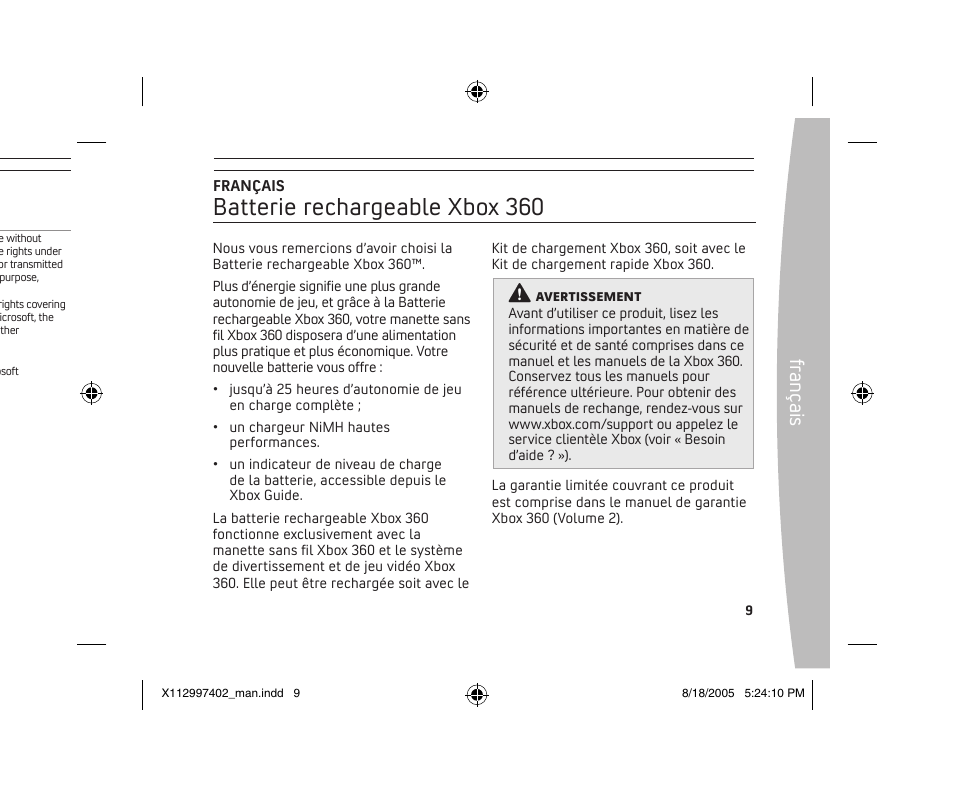 Batterie rechargeable xbox 360, Fra nç ais | Microsoft X11-29974-02 User Manual | Page 9 / 76