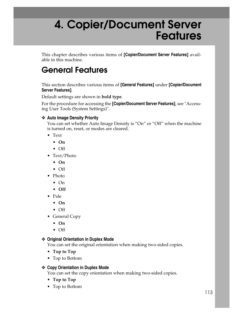 Copier/document server features, General features, P.113 “copier/document server features | Microsoft PRO 906EX User Manual | Page 121 / 298