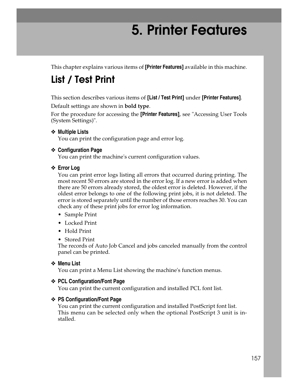 Printer features, List / test print, P.157 “printer features | Microsoft PRO 906EX User Manual | Page 165 / 298