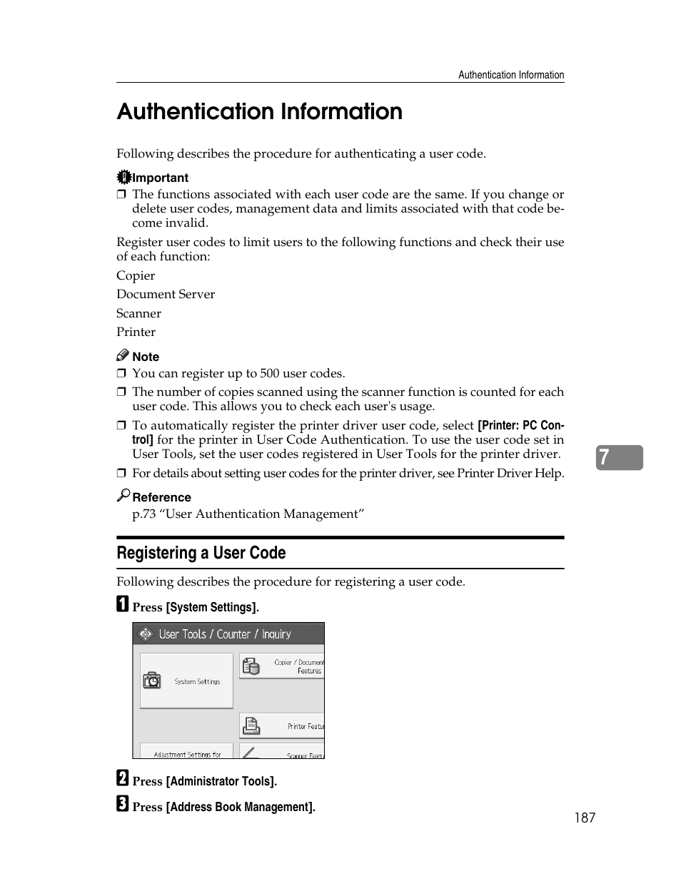 Authentication information, Registering a user code, 7authentication information | Microsoft PRO 906EX User Manual | Page 195 / 298