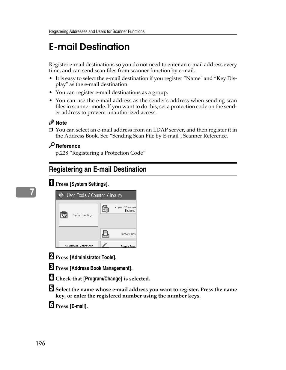 E-mail destination, Registering an e-mail destination, 7e-mail destination | Microsoft PRO 906EX User Manual | Page 204 / 298